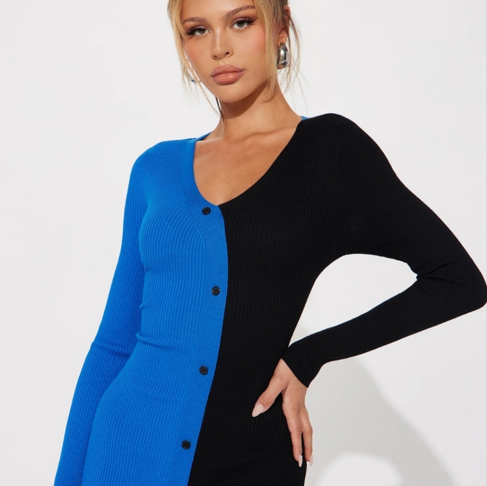 Fashion Nova Black & Blue Colorblock Bodycon ribbed midi dress - Picture 3 of 4